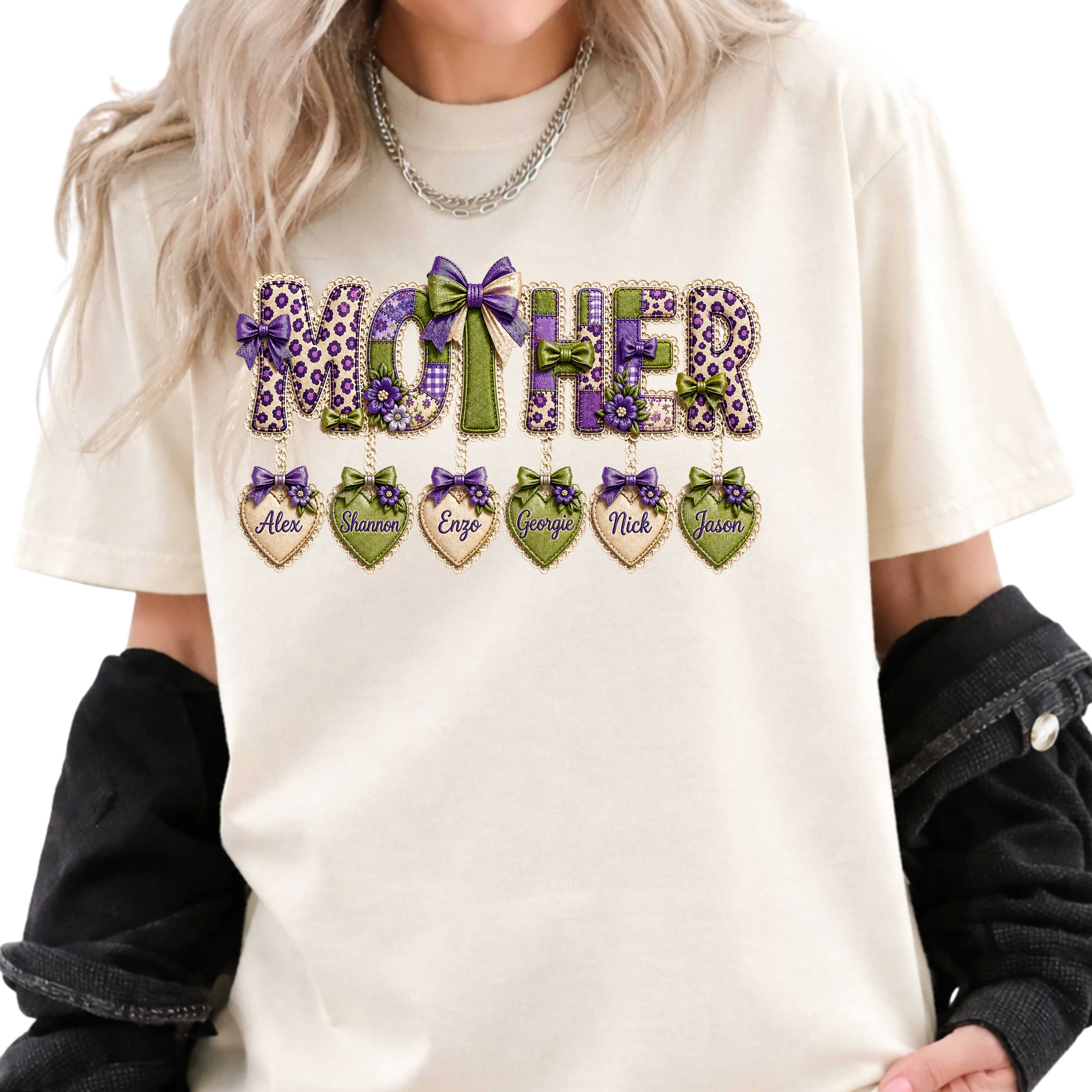 Mother Floral Name-Heart Tee — Personalized 'Mother' with Heart Tags