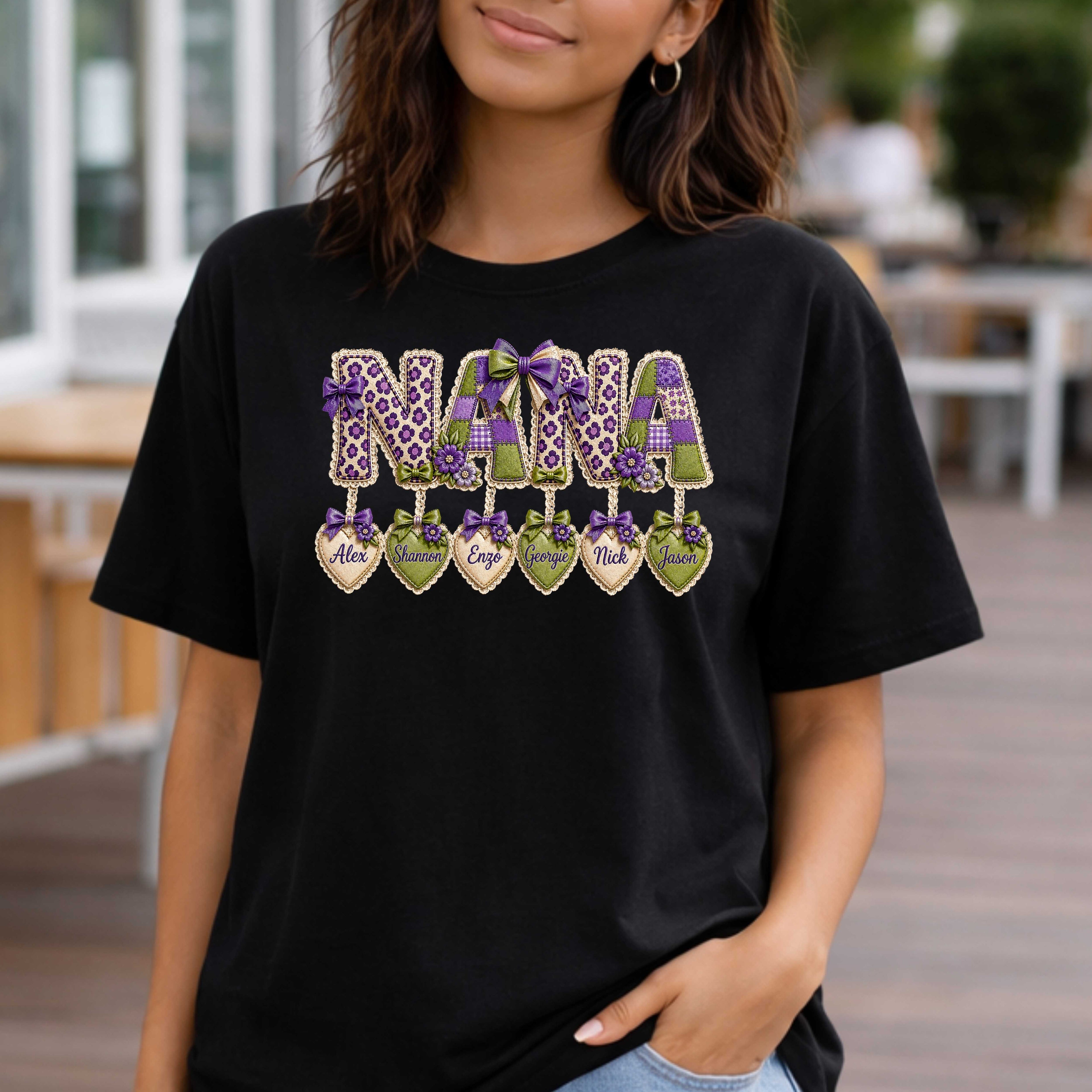 Nana Heart Pendant Tee — Floral Letters & Personalized Hearts Grandma Gift